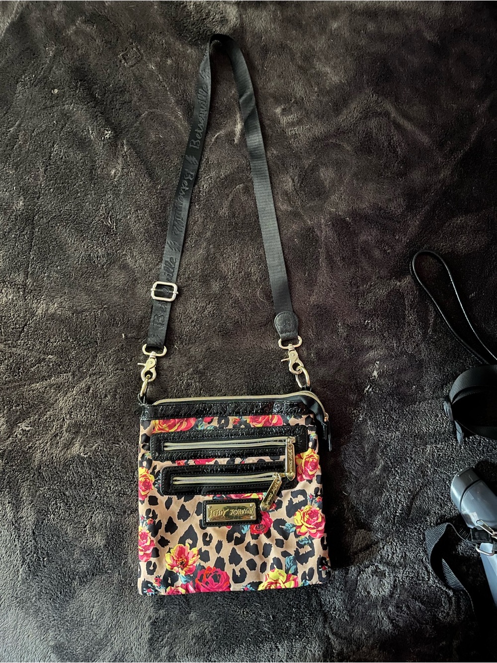 Betsey Johnson Pink & Black Floral Leopard Crossbody with Gold Accents